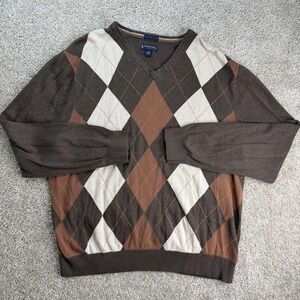 Stafford Signature Sweater Mens XL Brown Argyle Tight Knit V Neck Pullover